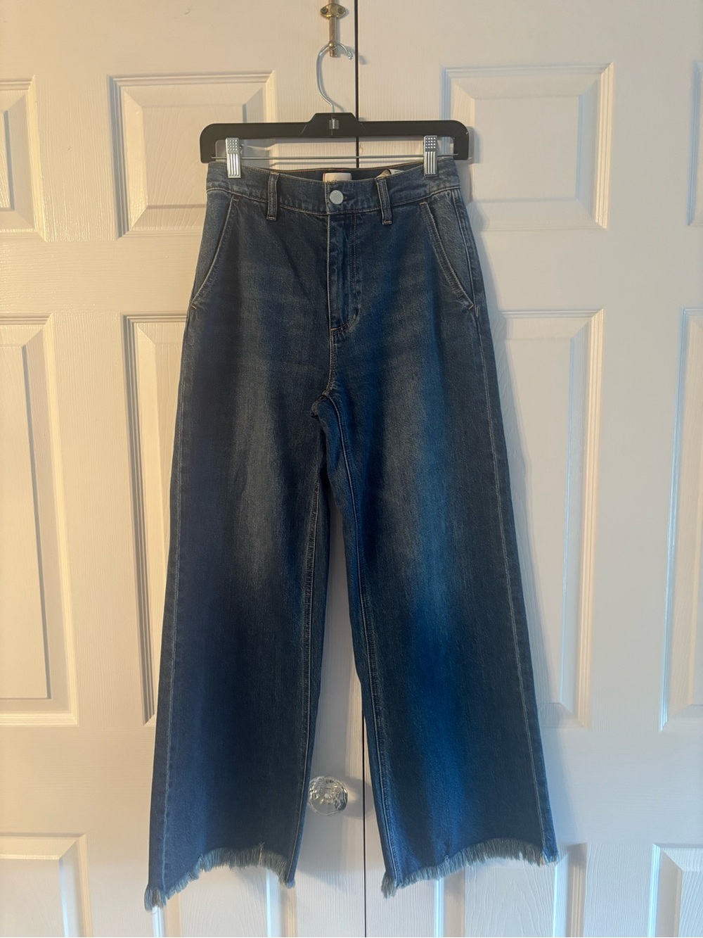 Alice + Olivia Dark Blue High-Rise Wide-Leg Jeans with Raw Hem
